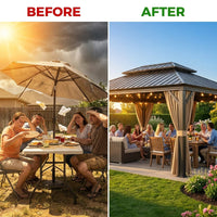 12 Ft. X 22 Ft. Double Galvanized Steel Roof Aluminum Frame Outdoor Patio Hardtop Gazebo with Netting and Curtains — Before & After