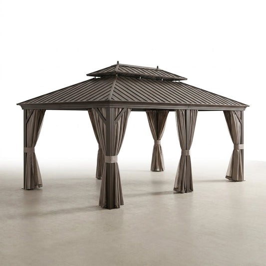 12 Ft. X 22 Ft. Double Galvanized Steel Roof Aluminum Frame Outdoor Patio Hardtop Gazebo with Netting and Curtains — Studio Shot