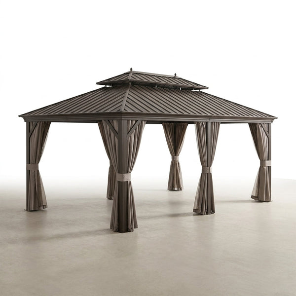 12 Ft. X 22 Ft. Double Galvanized Steel Roof Aluminum Frame Outdoor Patio Hardtop Gazebo with Netting and Curtains — Studio Shot