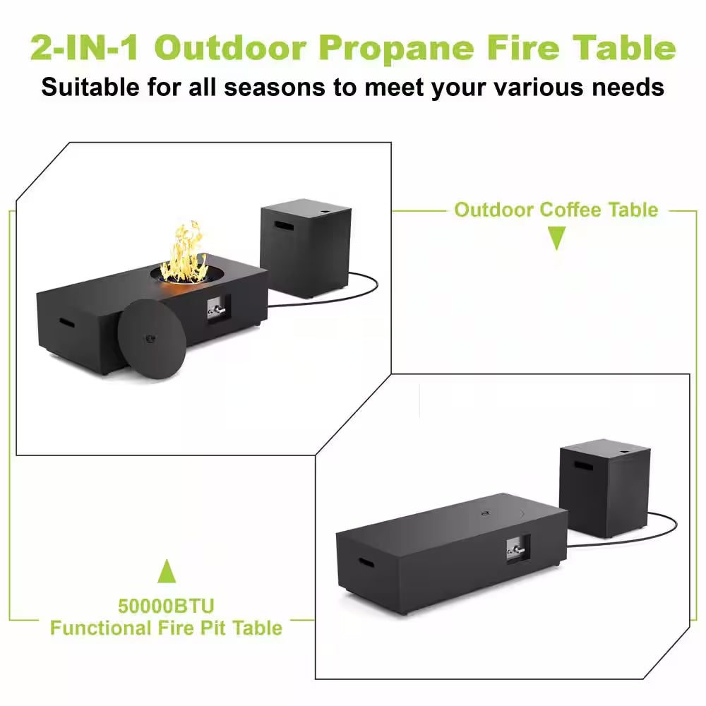 48 In, 50,000 BTU Black Coating Steel Outdoor Fire Table Propane Gas Fire Pit Table