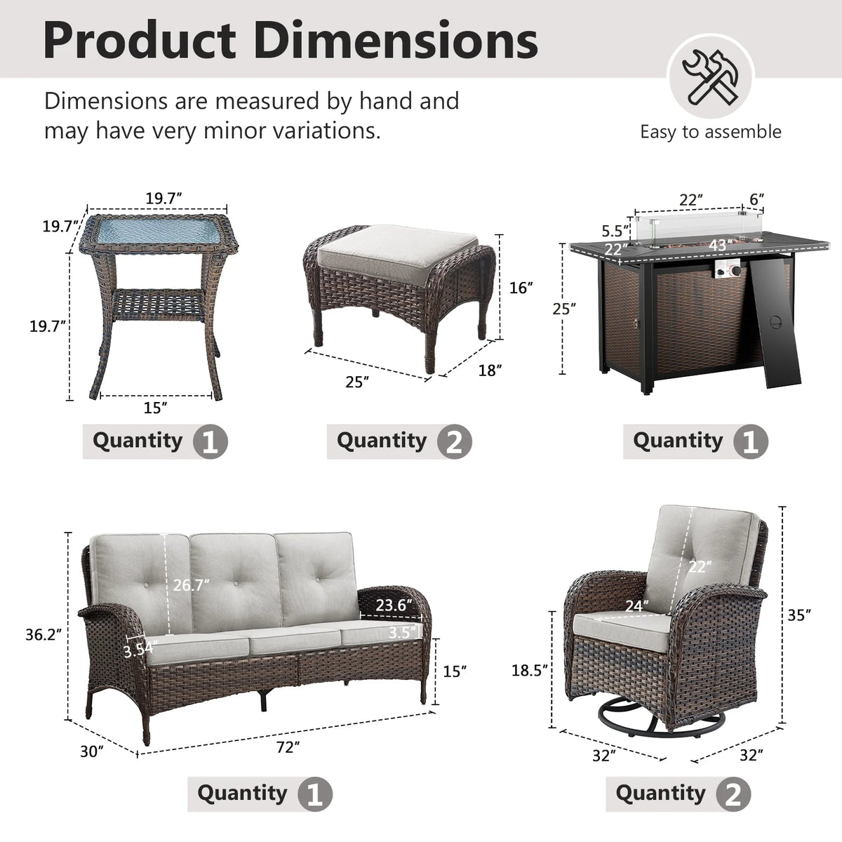 7 Piece Outdoor Patio Furniture Set, Patio Furniture Set with Fire Pit Table Rattan Wicker Patio Furniture Set, Brown Wicker & Beige Cushion