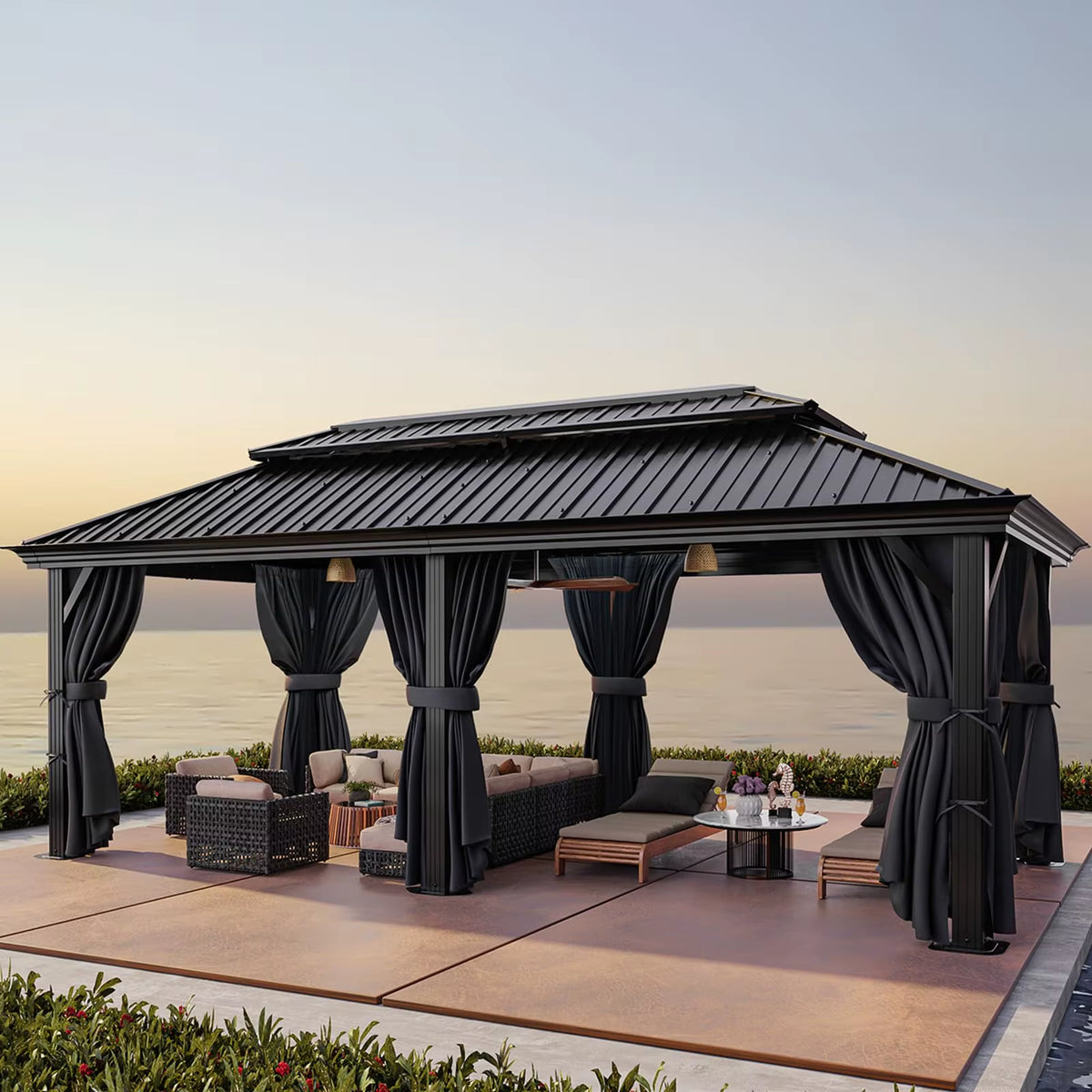 12×20 Hardtop Gazebo with Metal Roof, Heavy Duty Galvanized Steel Gazebo with Reinforced Aluminum Frame, Flame-Resistant Curtain