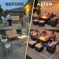 9-Piece Outdoor Patio Furniture Set with Fire Pit Table,Swivel Chairs and 6" Thick Cushions,Sectional Sofa and Ottomans,Patio Conversation Set for Porch Deck Garden Backyard — Before & After