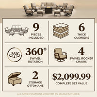 9-Piece Outdoor Patio Furniture Set with Fire Pit Table,Swivel Chairs and 6" Thick Cushions,Sectional Sofa and Ottomans,Patio Conversation Set for Porch Deck Garden Backyard — Results & Stats