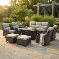 9-Piece Outdoor Patio Furniture Set with Fire Pit Table,Swivel Chairs and 6" Thick Cushions,Sectional Sofa and Ottomans,Patio Conversation Set for Porch Deck Garden Backyard — Studio Shot