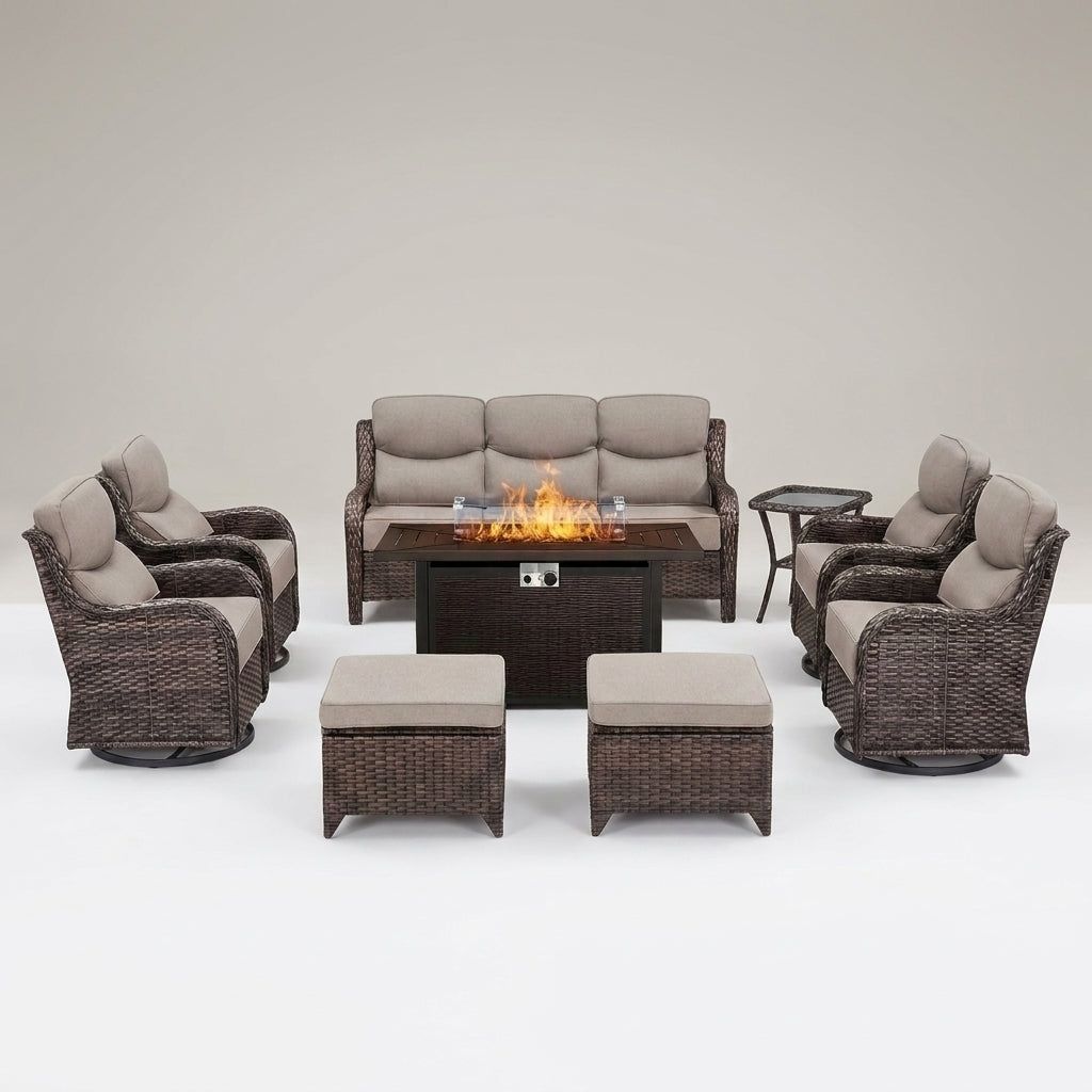 9-Piece Outdoor Patio Furniture Set with Fire Pit Table,Swivel Chairs and 6" Thick Cushions,Sectional Sofa and Ottomans,Patio Conversation Set for Porch Deck Garden Backyard — Studio Shot