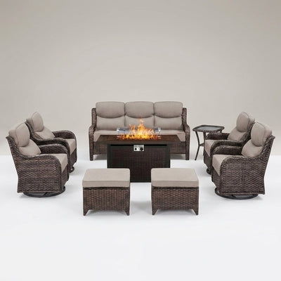 Outdoor Patio Furniture Set Built for All-Weather Entertaining, Fire Pit Table, Swivel Chairs, 6 Inch Cushions
