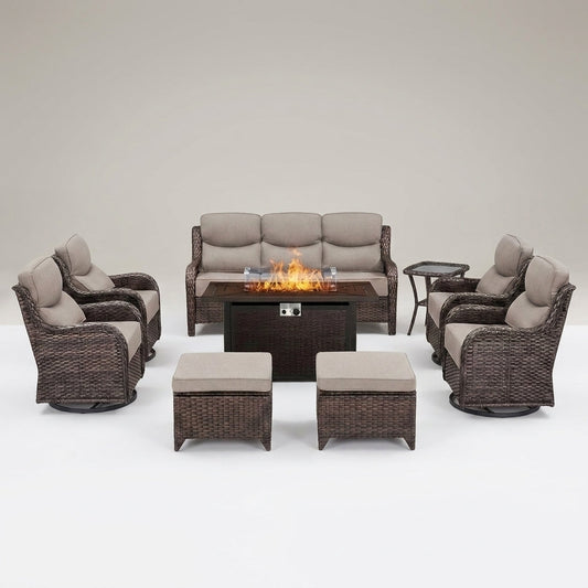 9-Piece Outdoor Patio Furniture Set with Fire Pit Table,Swivel Chairs and 6" Thick Cushions,Sectional Sofa and Ottomans,Patio Conversation Set for Porch Deck Garden Backyard — Studio Shot