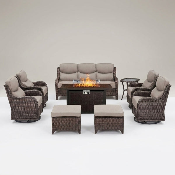 9-Piece Outdoor Patio Furniture Set with Fire Pit Table,Swivel Chairs and 6" Thick Cushions,Sectional Sofa and Ottomans,Patio Conversation Set for Porch Deck Garden Backyard — Studio Shot