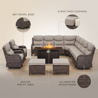 9-Piece Outdoor Patio Furniture Set with Fire Pit Table,Swivel Chairs and 6" Thick Cushions,Sectional Sofa and Ottomans,Patio Conversation Set for Porch Deck Garden Backyard — infographic