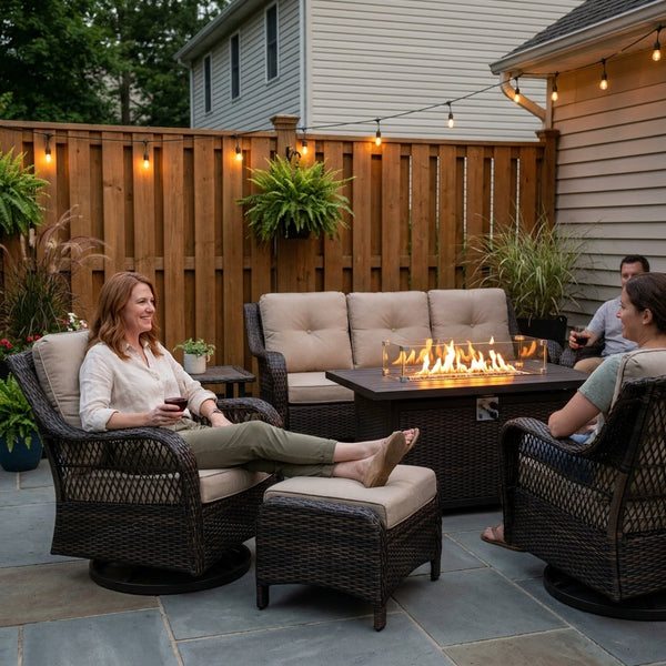 Outdoor Patio Furniture Set Built for All-Weather Entertaining, Fire Pit Table, Swivel Chairs, 6 Inch Cushions