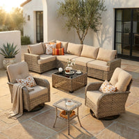 9 Pieces Patio Furniture Set outside Furniture Wicker Patio Conversation Set with Swivel Chairs, Outdoor Furniture for Garden, Beige — Studio Shot