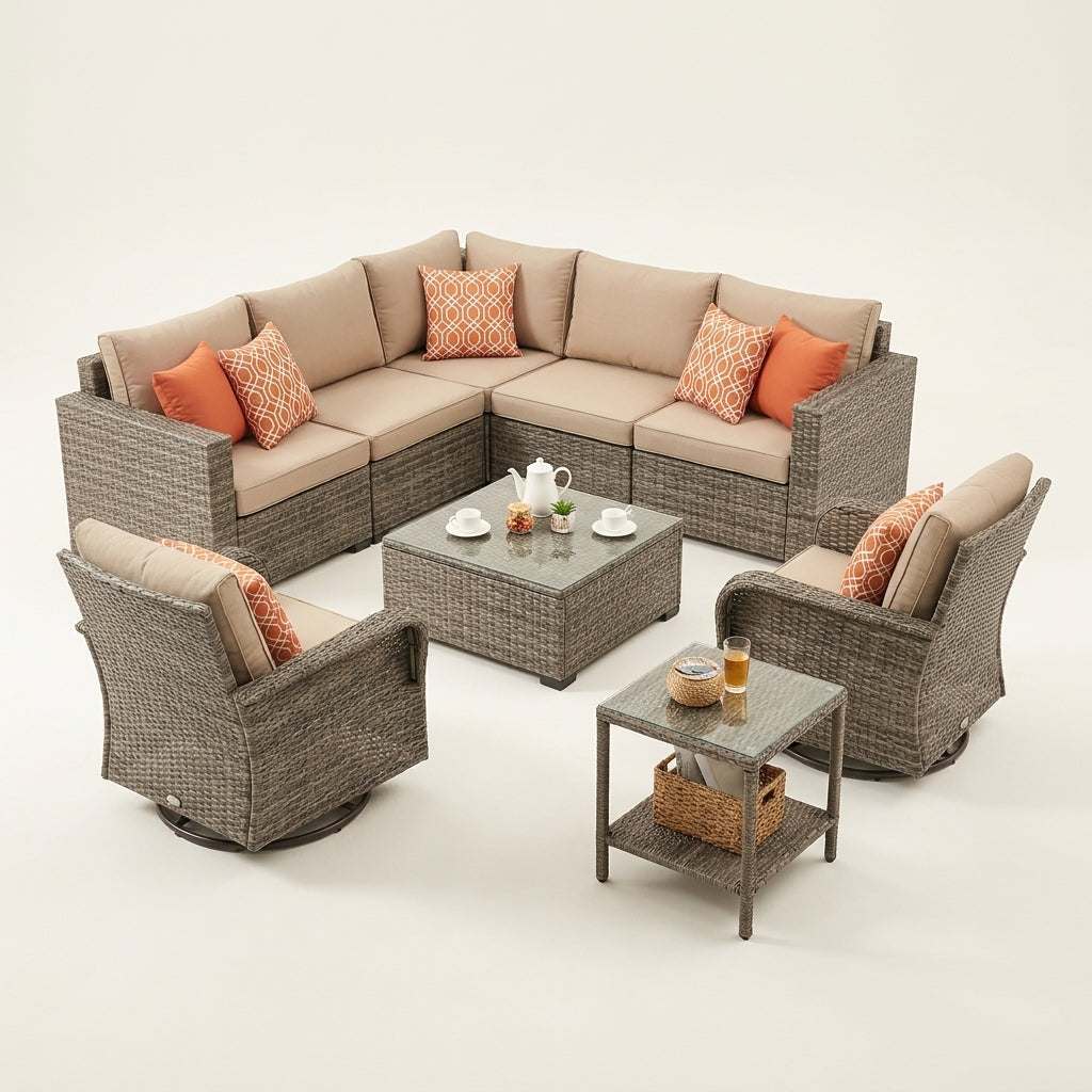 9 Pieces Patio Furniture Set outside Furniture Wicker Patio Conversation Set with Swivel Chairs, Outdoor Furniture for Garden, Beige — Studio Shot