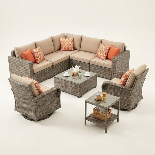 9 Pieces Patio Furniture Set outside Furniture Wicker Patio Conversation Set with Swivel Chairs, Outdoor Furniture for Garden, Beige — Studio Shot
