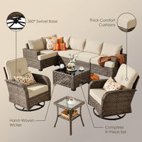 9 Pieces Patio Furniture Set outside Furniture Wicker Patio Conversation Set with Swivel Chairs, Outdoor Furniture for Garden, Beige — infographic