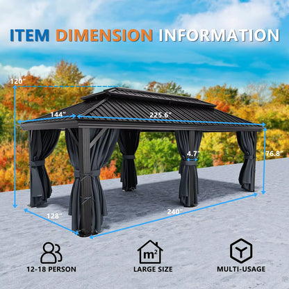 12×20 Hardtop Gazebo with Metal Roof, Heavy Duty Galvanized Steel Gazebo with Reinforced Aluminum Frame, Flame-Resistant Curtain