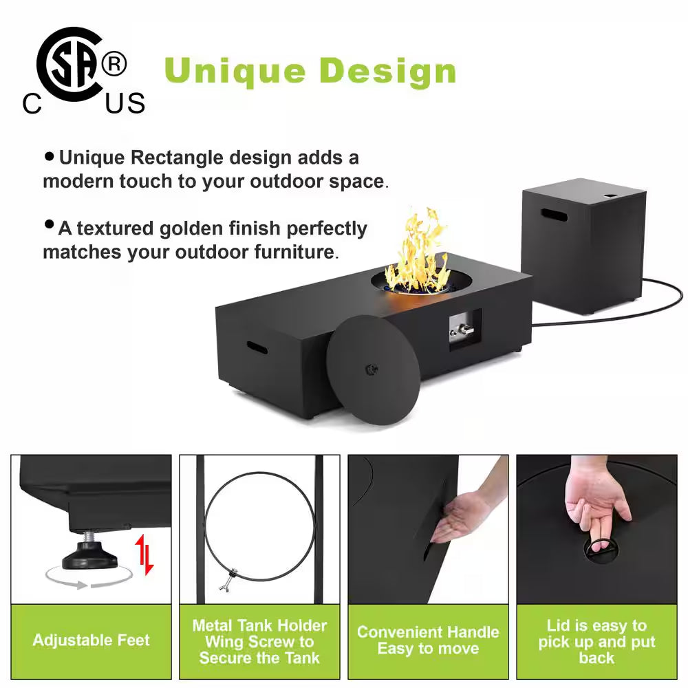 48 In, 50,000 BTU Black Coating Steel Outdoor Fire Table Propane Gas Fire Pit Table
